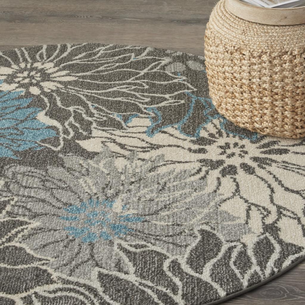 4' Blue And Gray Floral Round Rug