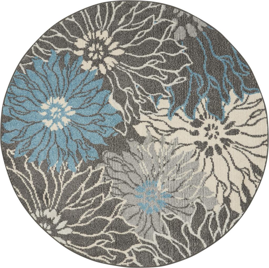 4' Blue And Gray Floral Round Rug