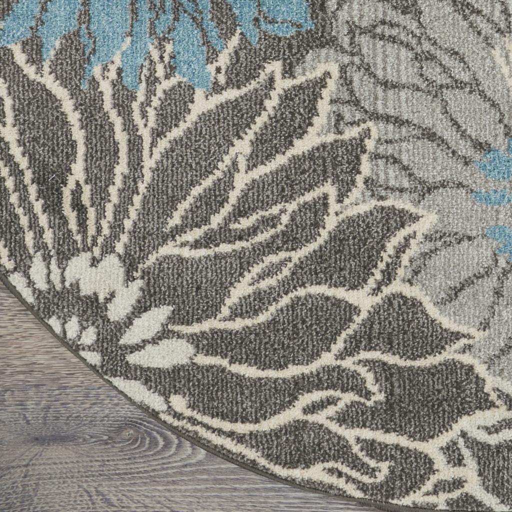 5' Blue And Gray Floral Round Rug