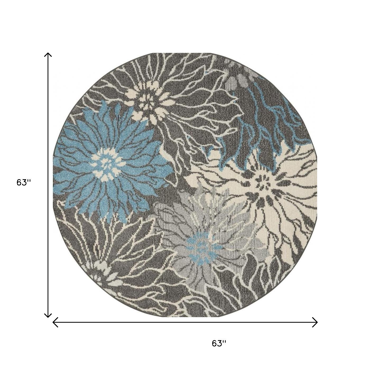 5' Blue And Gray Floral Round Rug