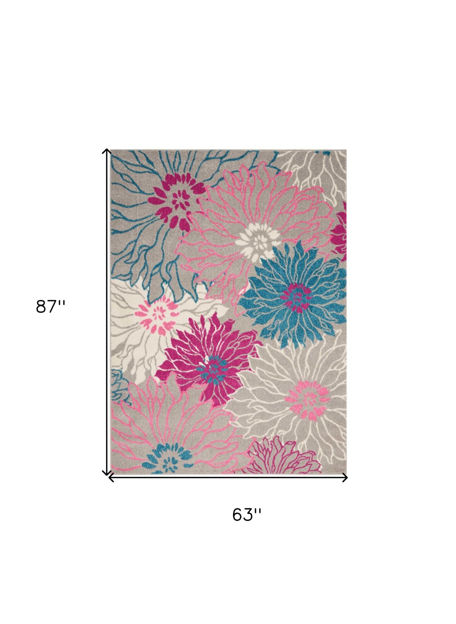 5' X 7' Gray And Pink Floral Area Rug