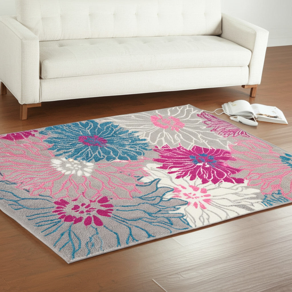 5' X 7' Gray And Pink Floral Area Rug