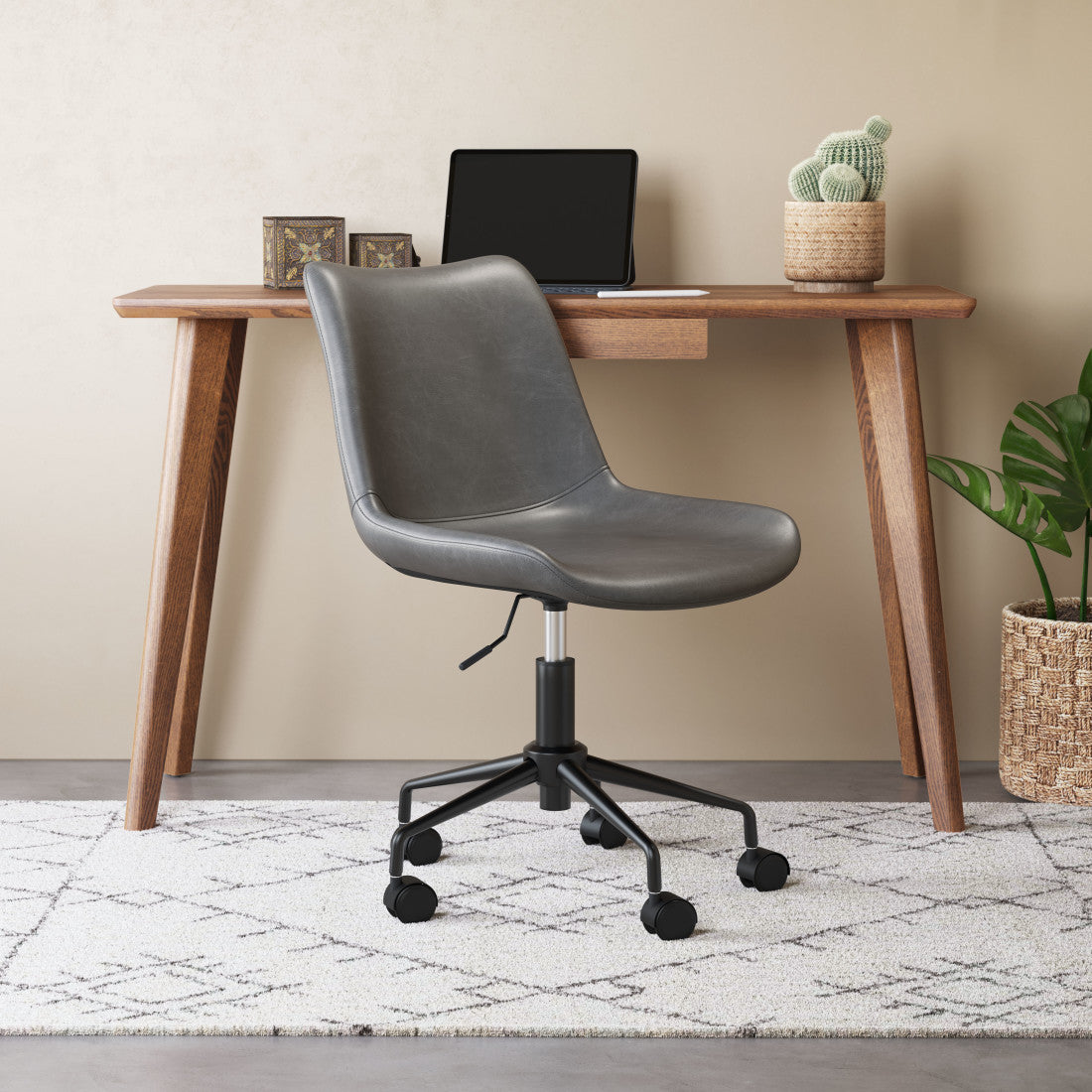 Gray and Black Adjustable Swivel Faux Leather Rolling Office Chair