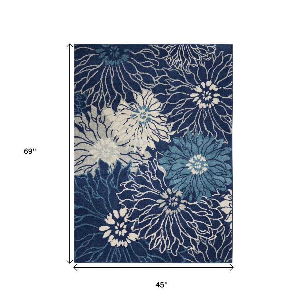 4' X 6' Blue And Ivory Floral Area Rug