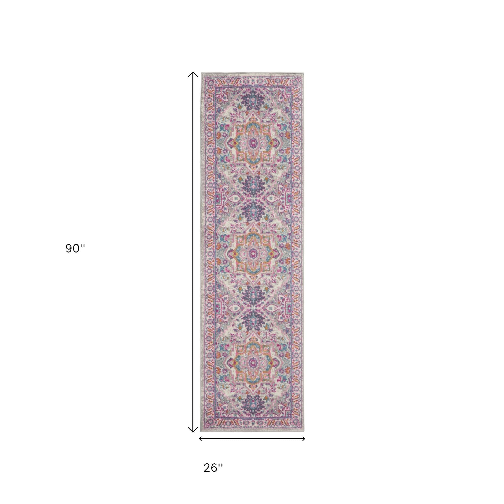 8' Light Gray And Pink Medallion Runner Rug