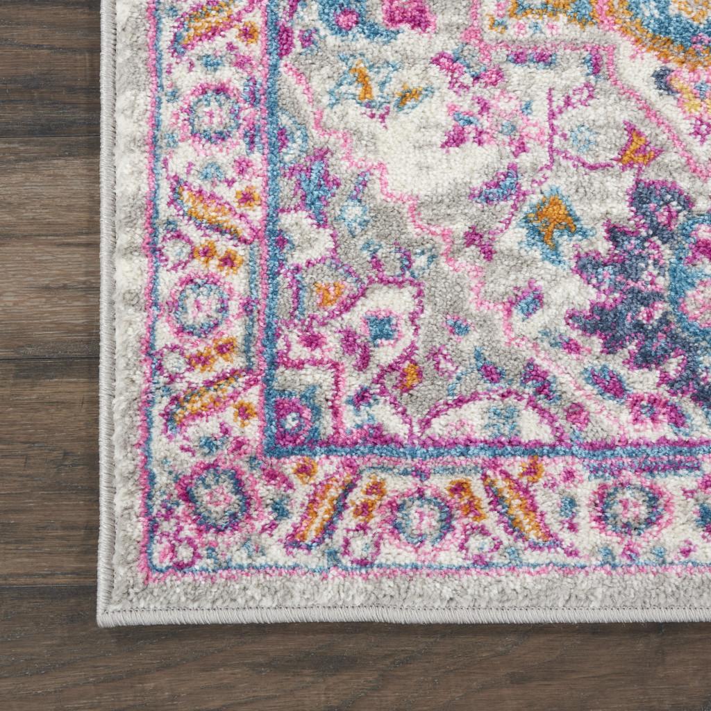 8' Light Gray And Pink Medallion Runner Rug