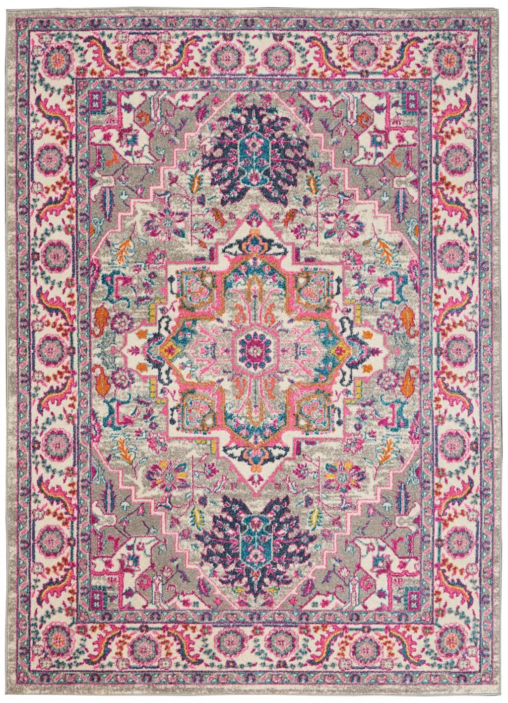 4' X 6' Light Gray And Pink Medallion Area Rug