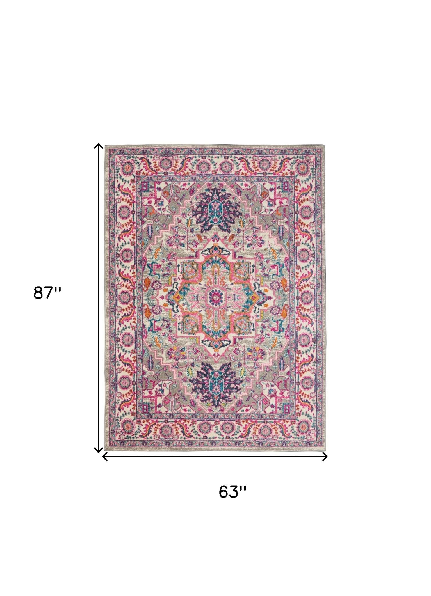 5' X 7' Light Gray And Pink Medallion Area Rug