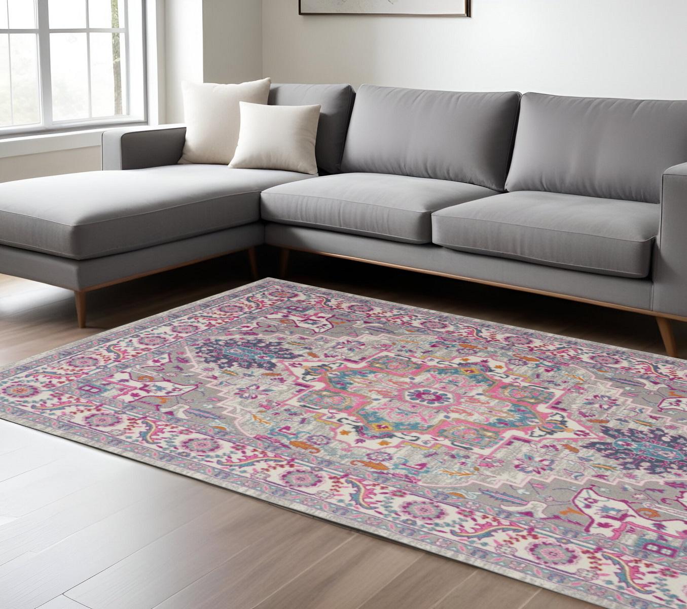 8' X 10' Light Gray And Pink Medallion Area Rug