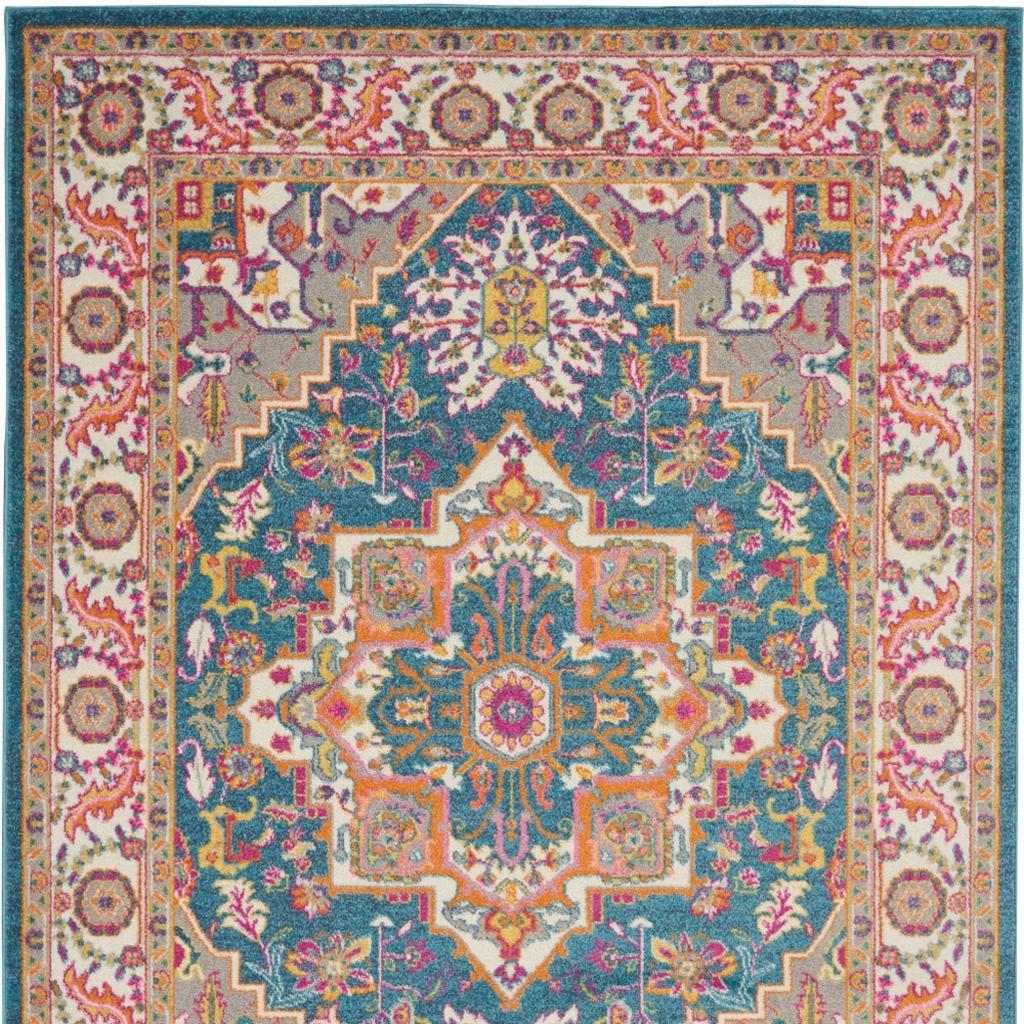 5' X 7' Teal And Ivory Medallion Distressed Area Rug
