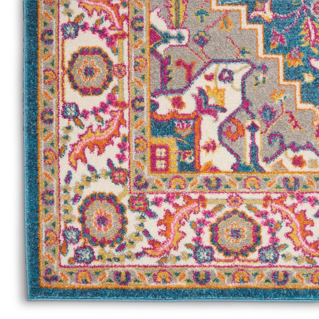 5' X 7' Teal And Ivory Medallion Distressed Area Rug