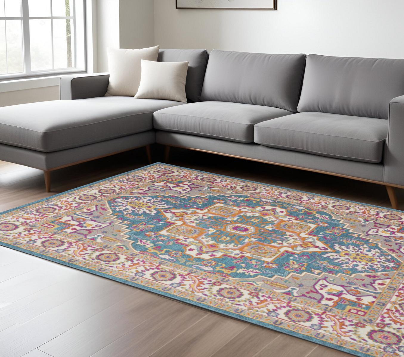 8' X 10' Teal And Ivory Medallion Distressed Area Rug