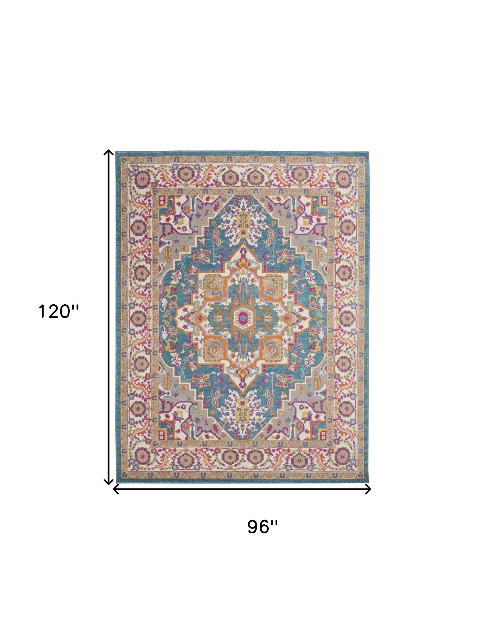 8' X 10' Teal And Ivory Medallion Distressed Area Rug