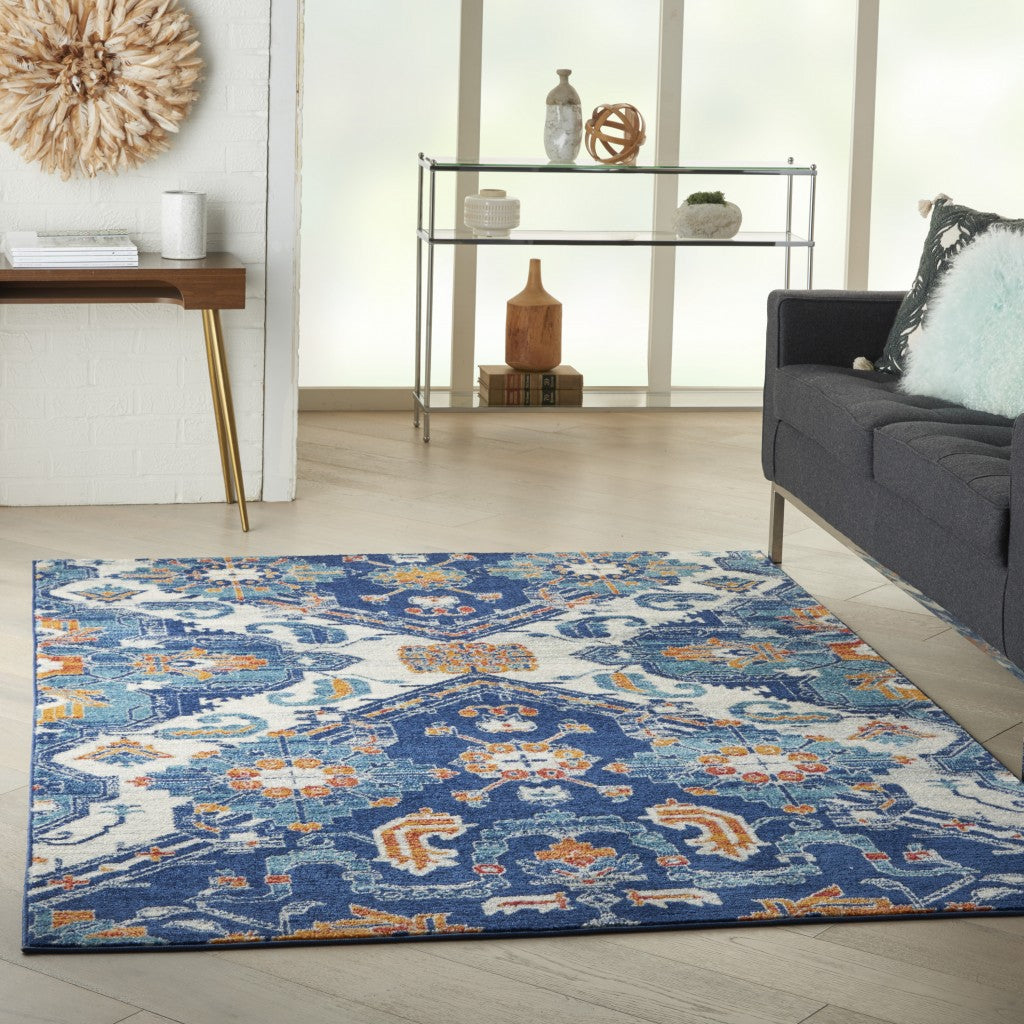 4' X 6' Blue And Ivory Floral Power Loom Area Rug