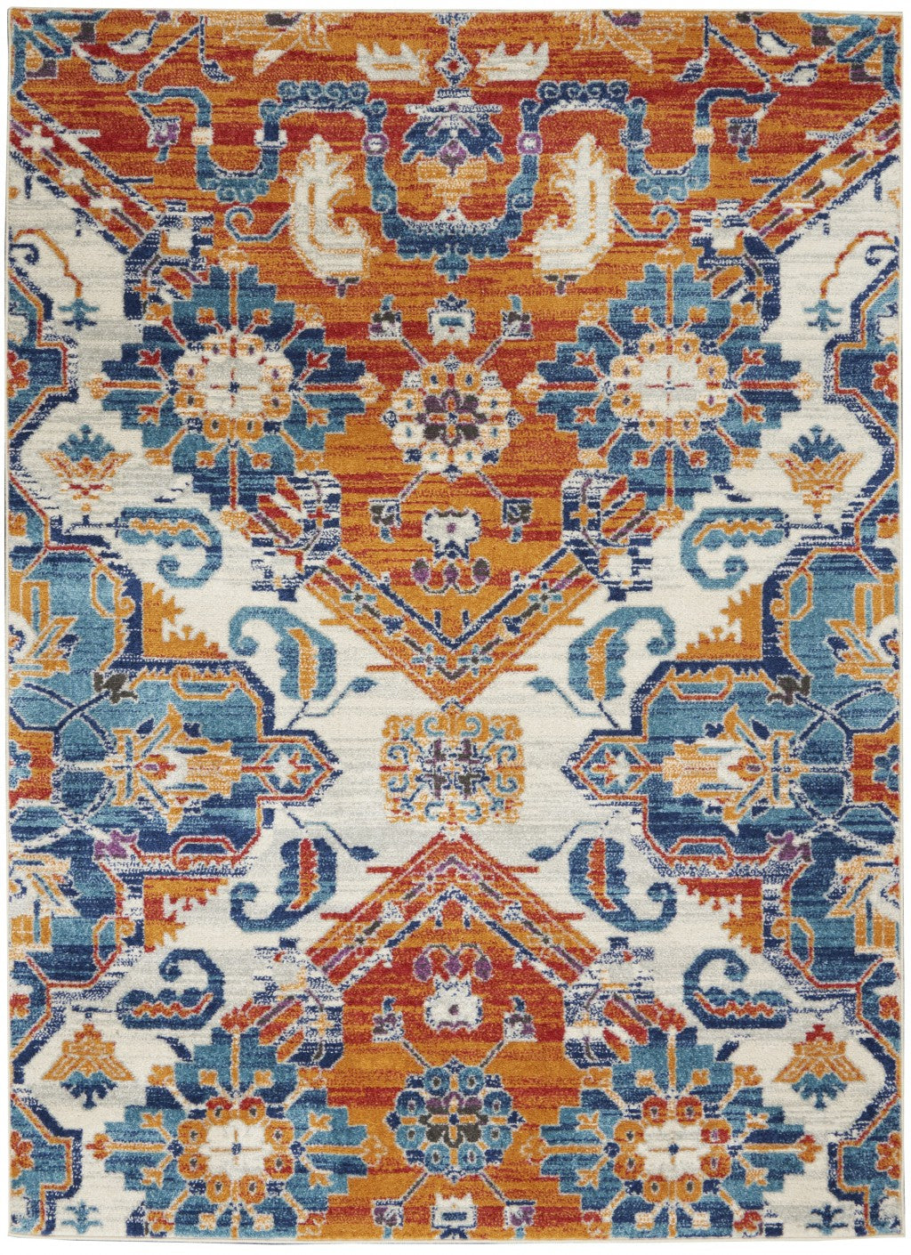 5' X 7' Orange And Ivory Floral Power Loom Area Rug