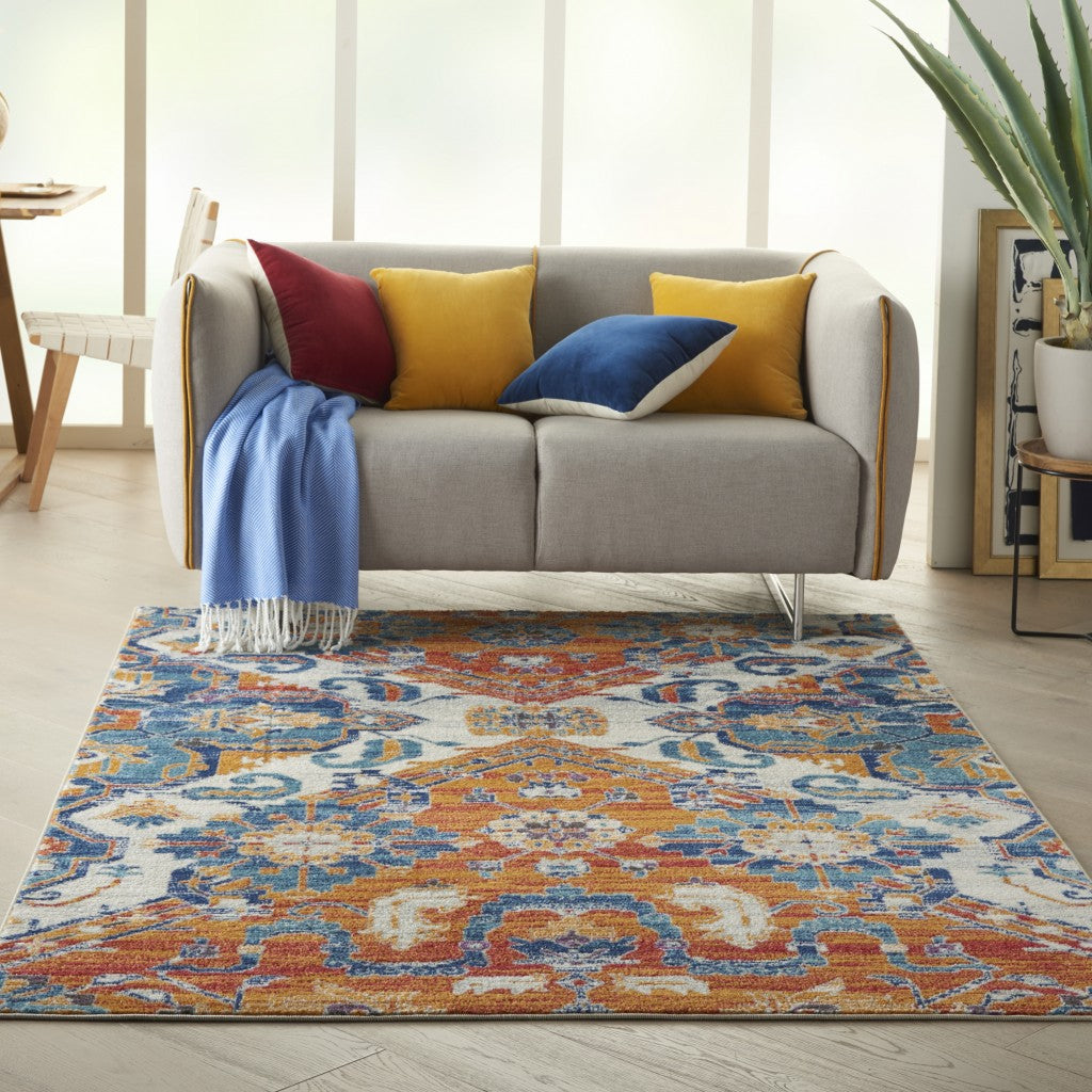 5' X 7' Blue And Orange Floral Area Rug