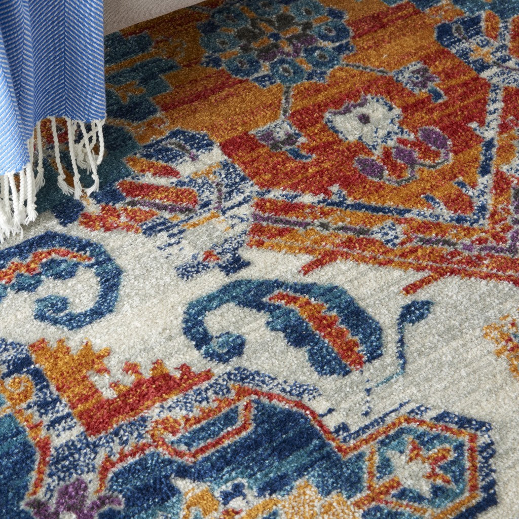 5' X 7' Blue And Orange Floral Area Rug