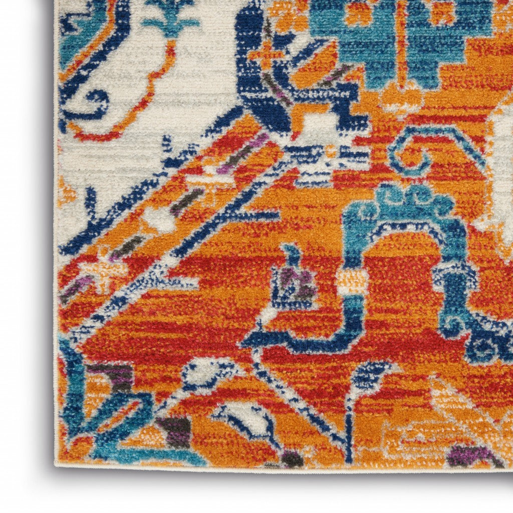 5' X 7' Blue And Orange Floral Area Rug