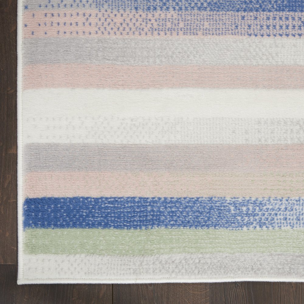 4' X 6' Ivory Blue And Green Striped Distressed Area Rug