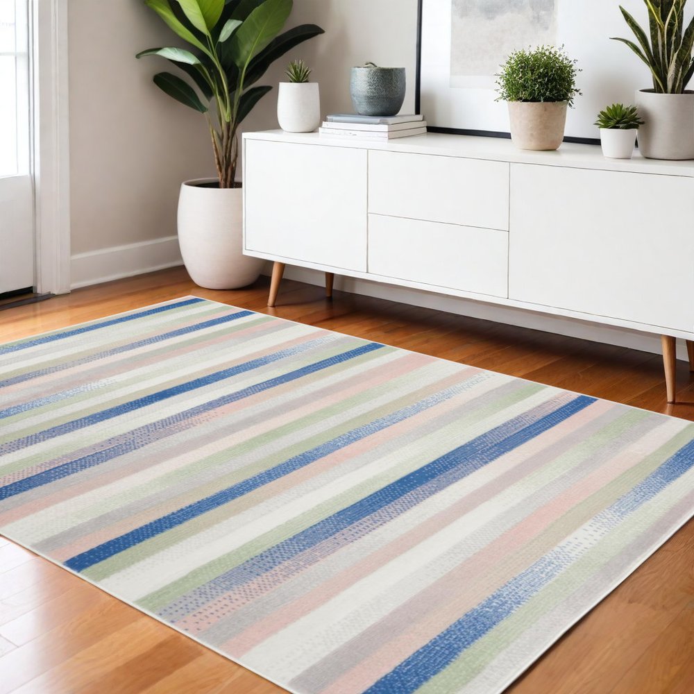 4' X 6' Ivory Blue And Green Striped Distressed Area Rug