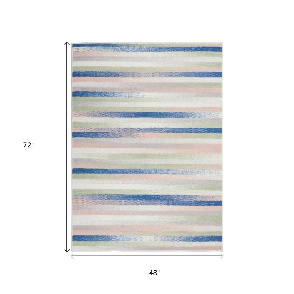 4' X 6' Ivory Blue And Green Striped Distressed Area Rug