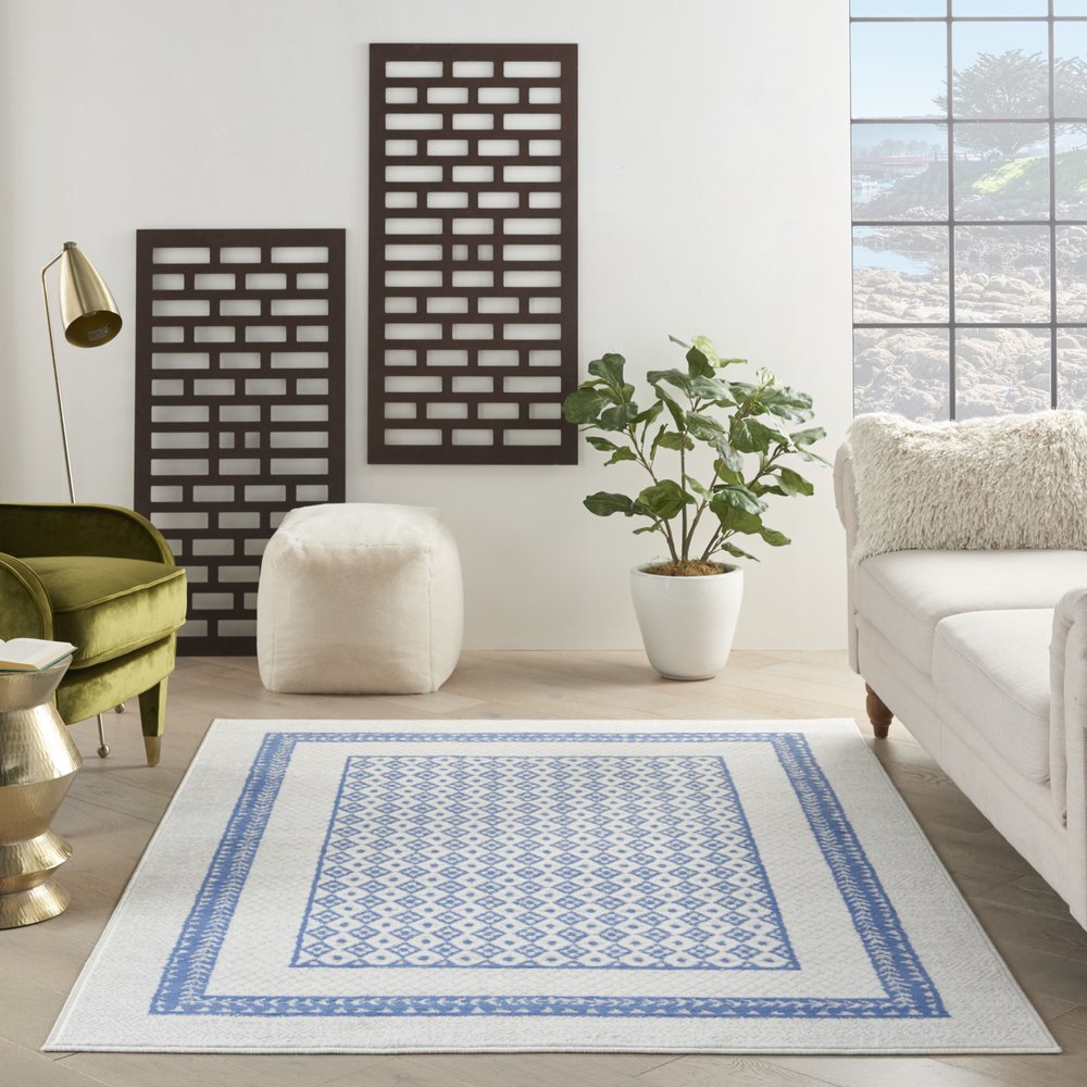 4' X 6' Ivory And Blue Geometric Area Rug