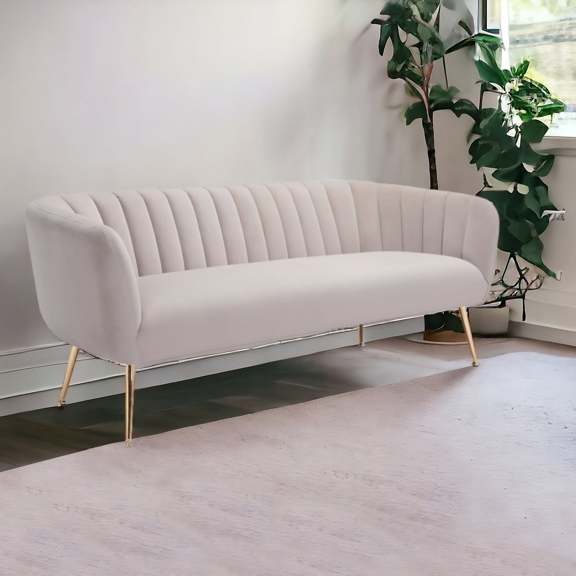 70" Beige And Gold Polyester Sofa