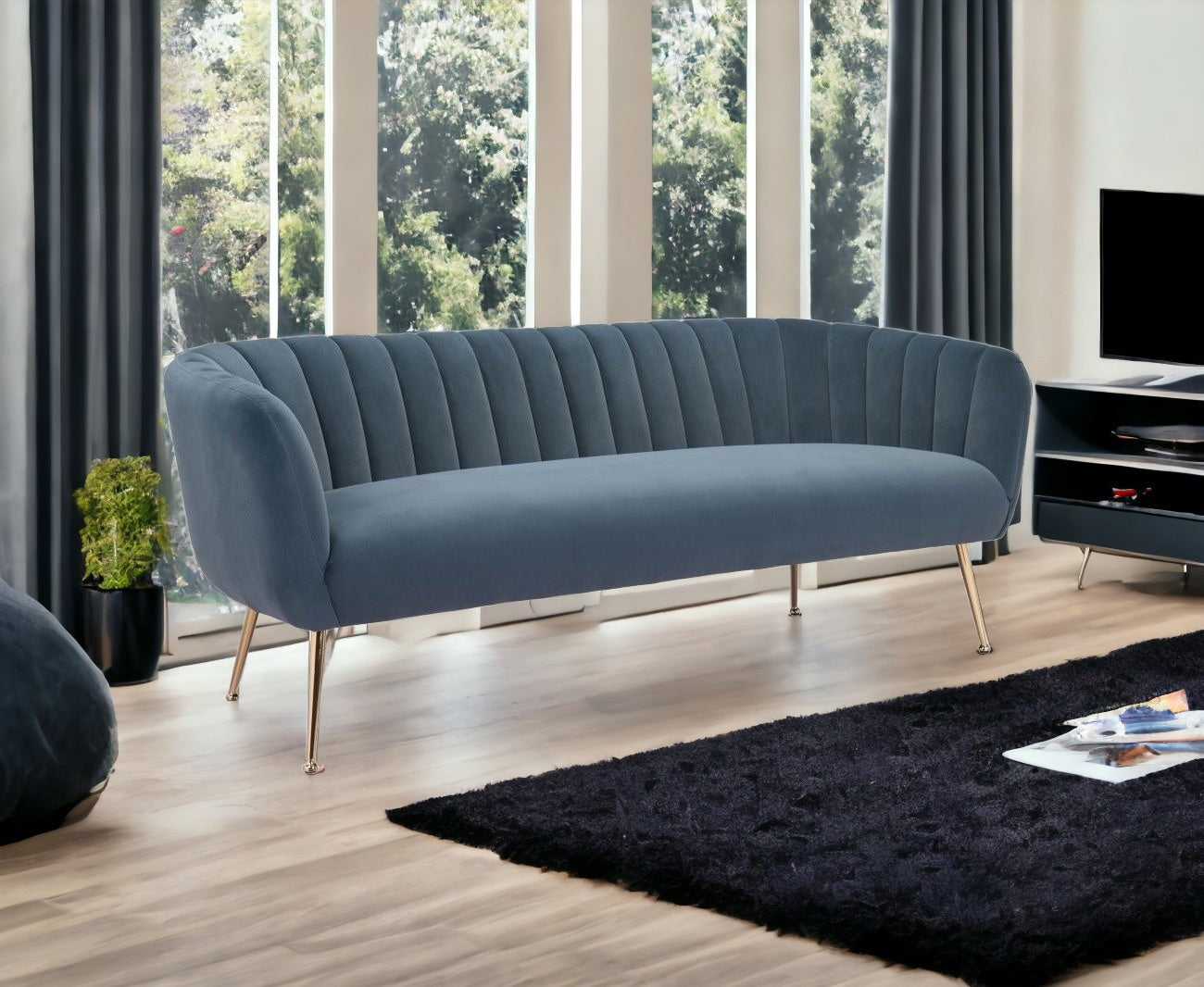 70" Gray Velvet Sofa With Gold Legs