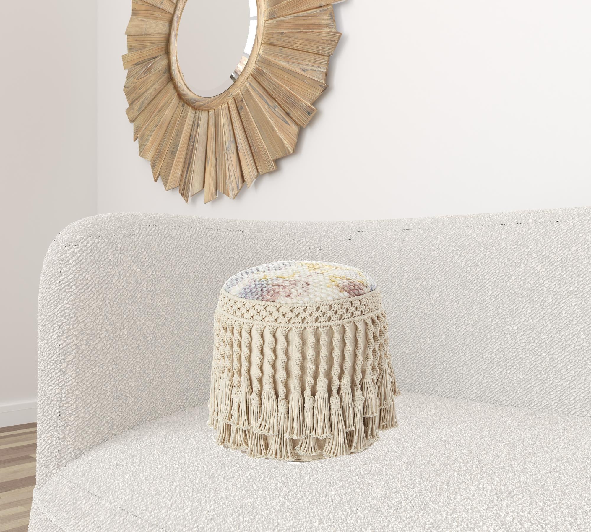 18" Ivory and Blue Cotton Round Abstract Pouf Ottoman