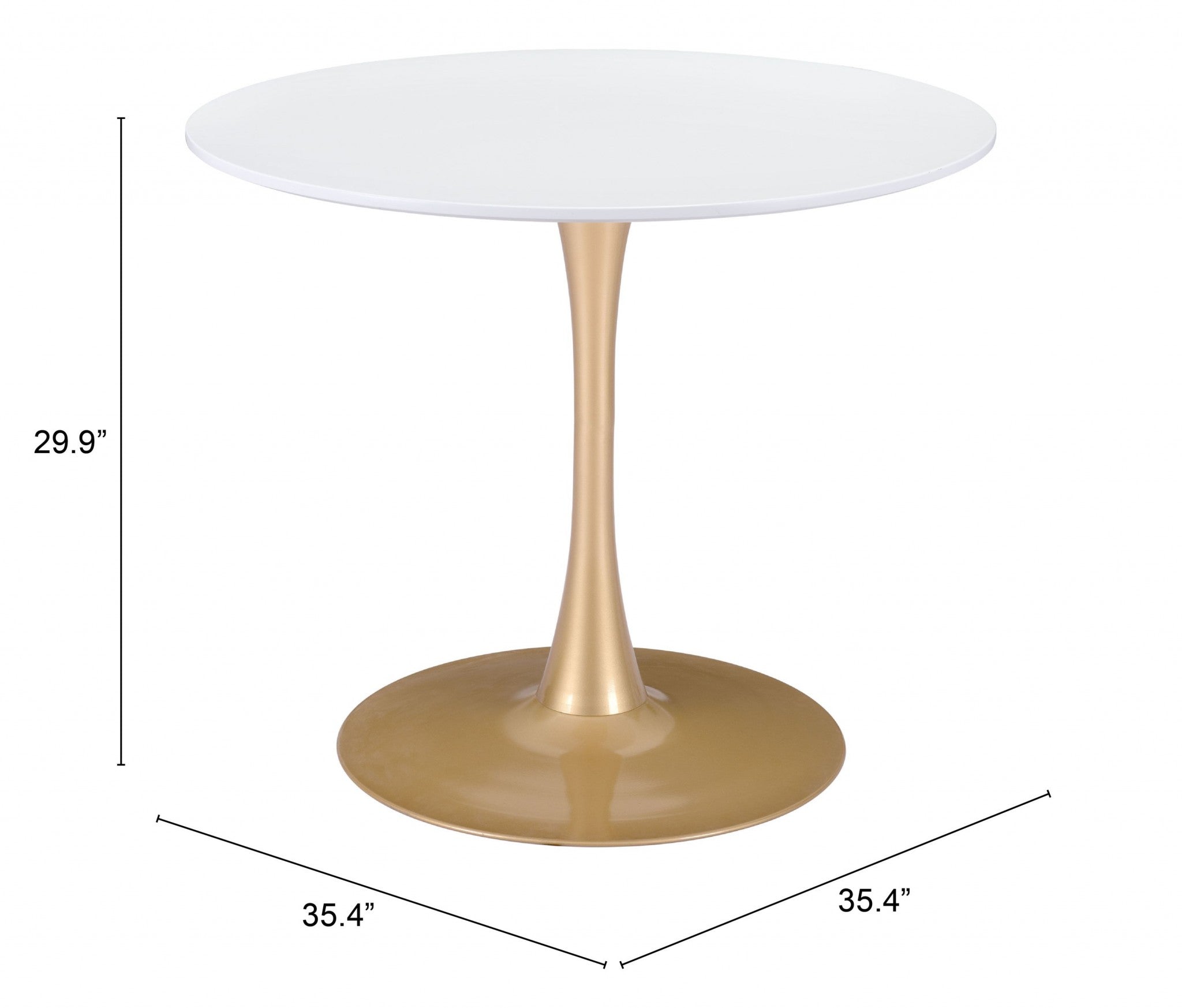 35" White And Gold Rounded Steel Pedestal Base Dining Table