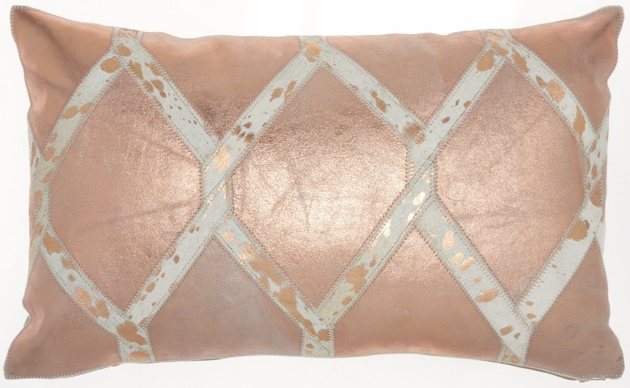 12" X 20" Rose Gold and White Metallic and Cowhide Throw Pillow