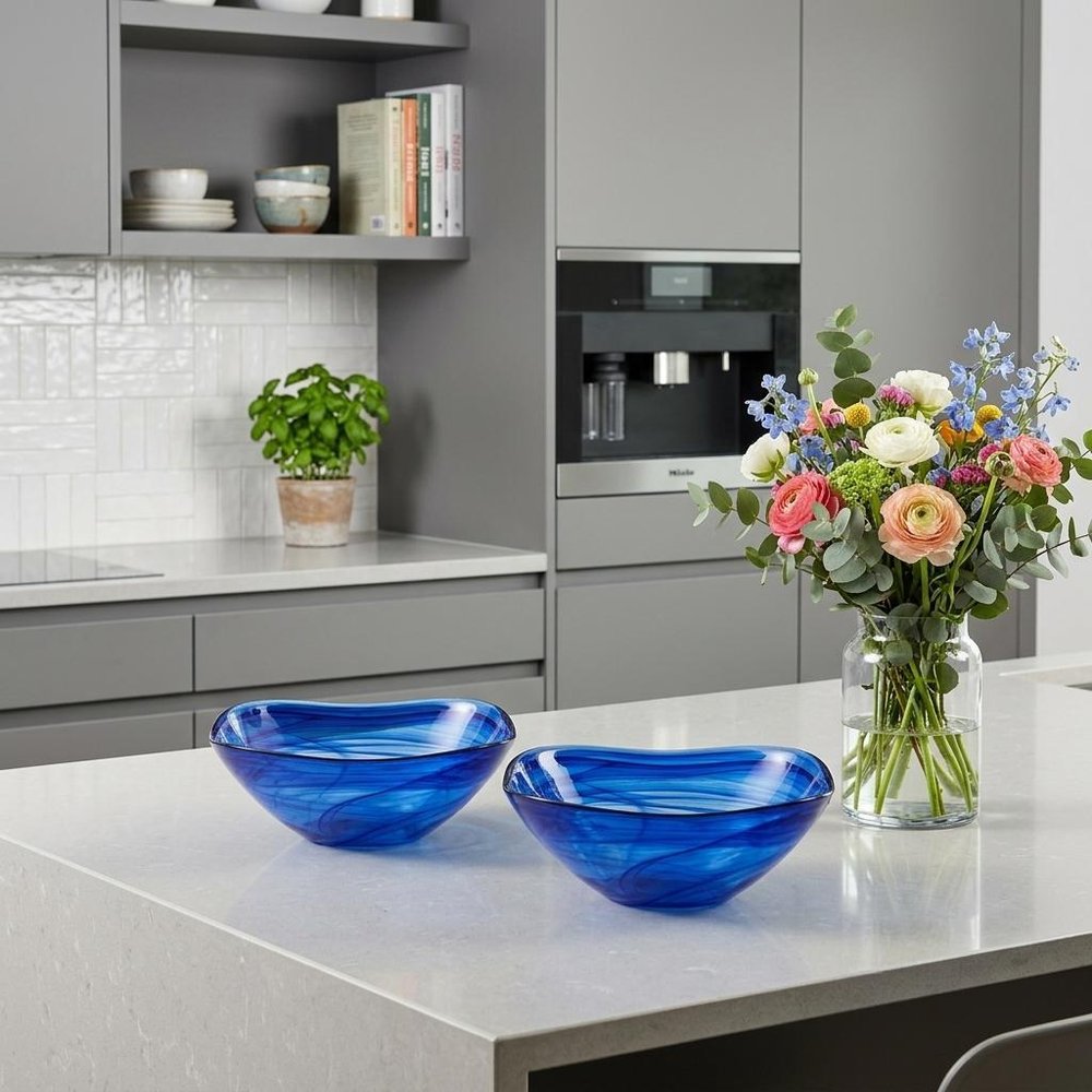 Set Of Two Modern Soft Square Blue Swirl Glass Bowls