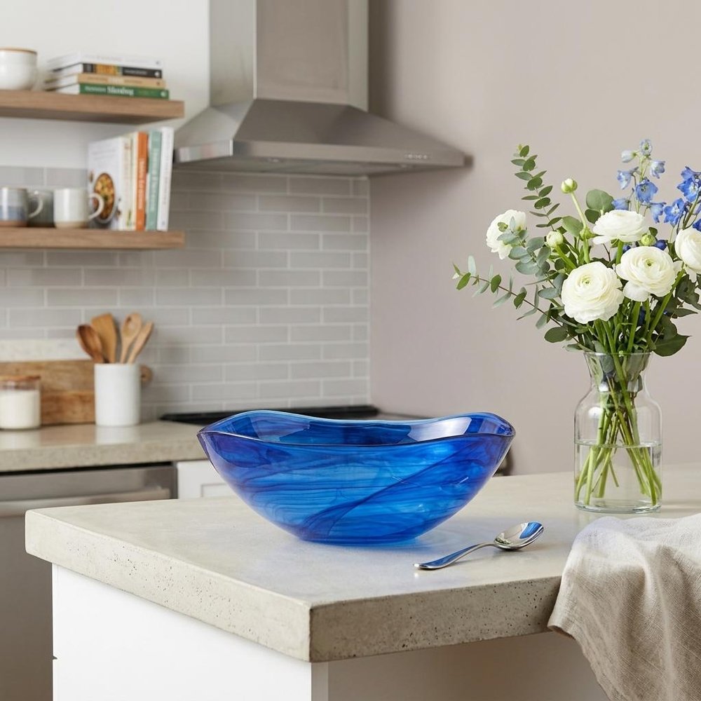 10" Modern Soft Square Blue Swirl Glass Bowl