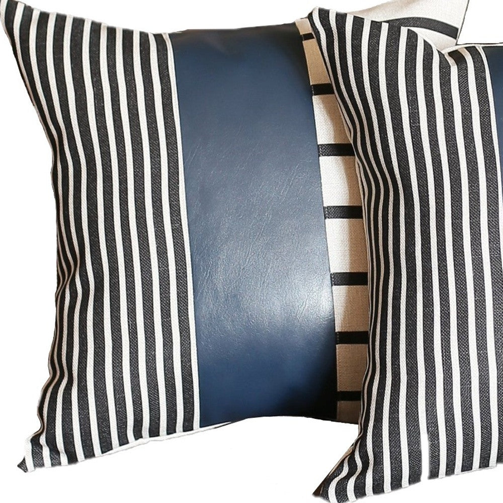 Set Of 2 Monochromic Stripe Ends And Spruce Blue Faux Leather Lumbar Pillow Covers