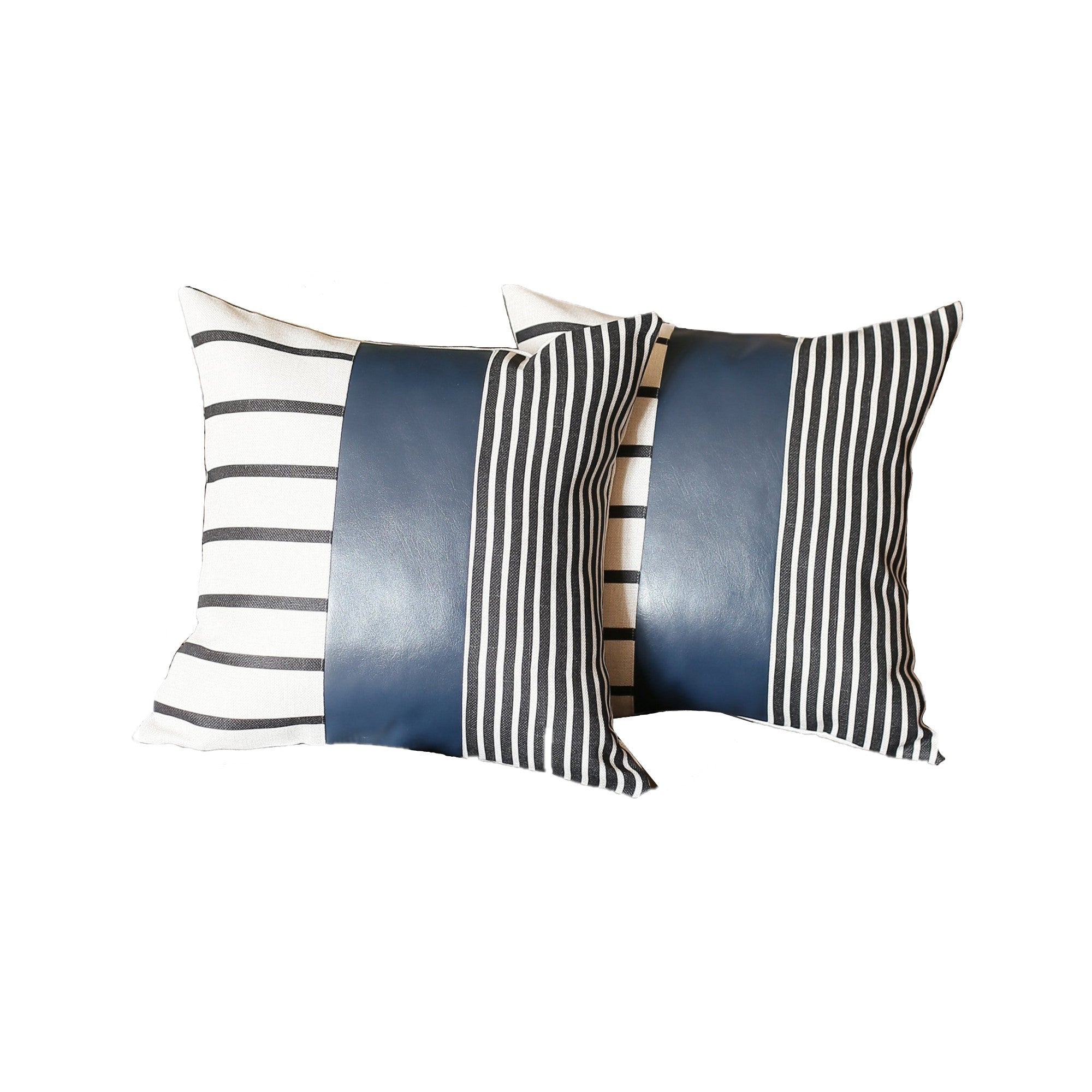 Set Of 2 Monochromic Stripe Ends And Spruce Blue Faux Leather Lumbar Pillow Covers