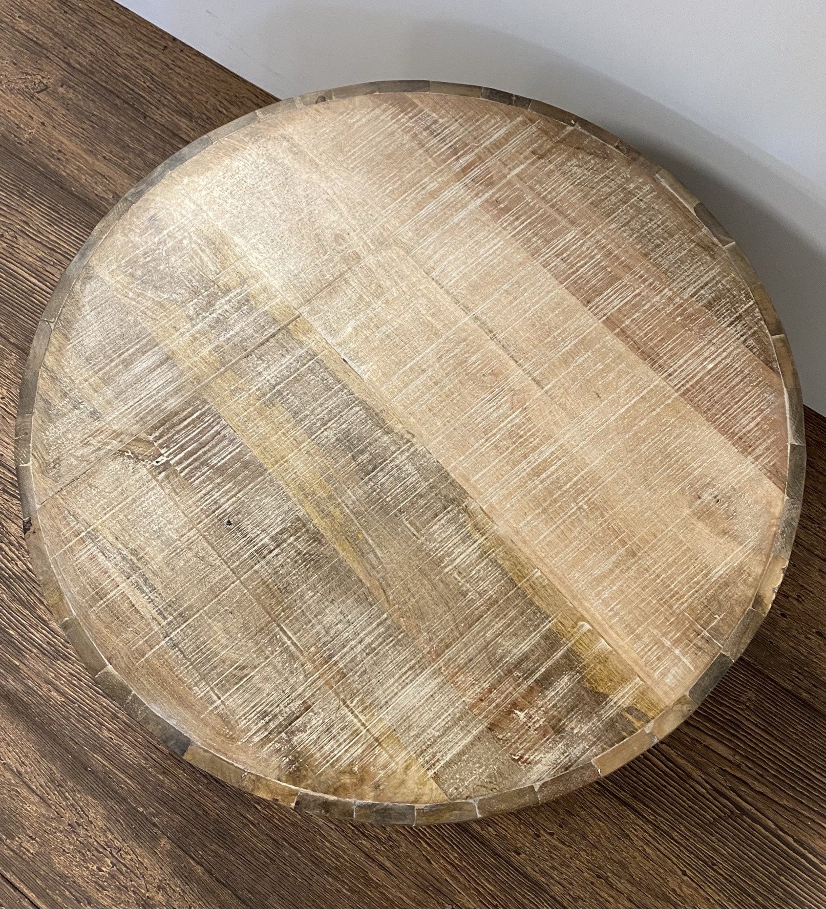 32" Brown Solid Wood Round Distressed Drum Coffee Table