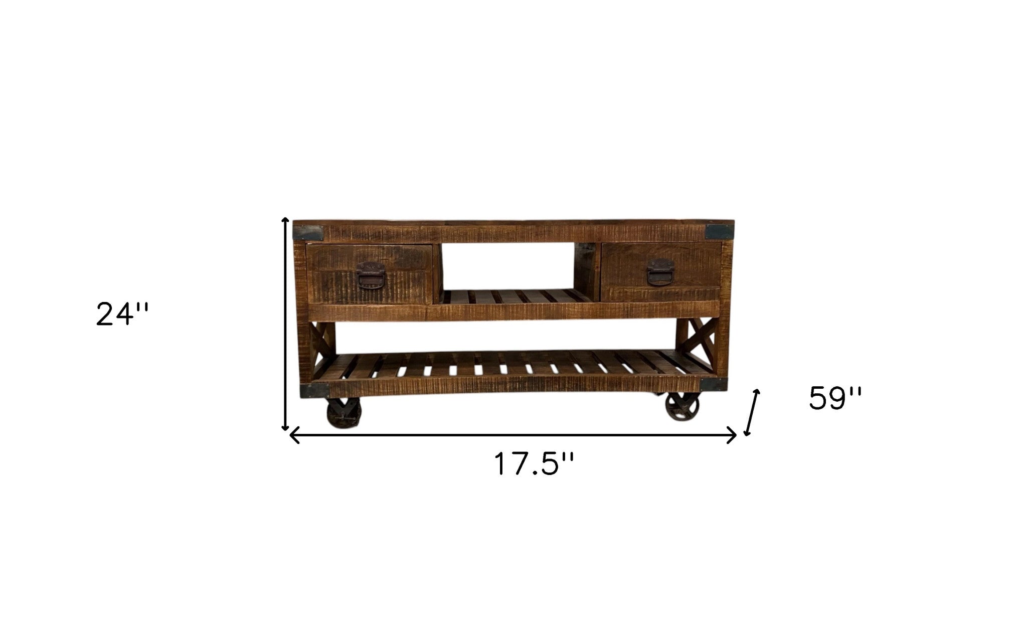 18" Brown and Black Solid Wood Distressed Wheel Console Table With Shelves And Drawers