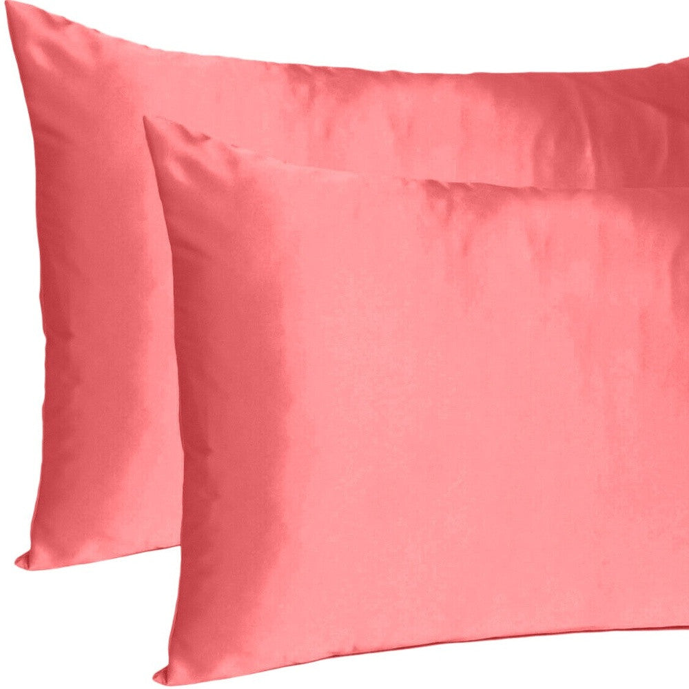 Coral Dreamy Set Of 2 Silky Satin Queen Pillowcases