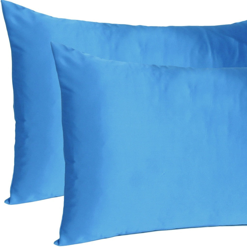 Bright Blue Dreamy Set Of 2 Silky Satin Queen Pillowcases