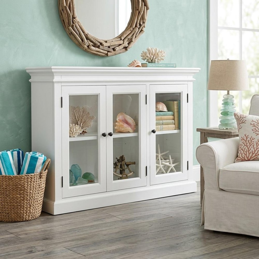 64" White Distressed Solid Wood Sideboard with Four Glass Doors