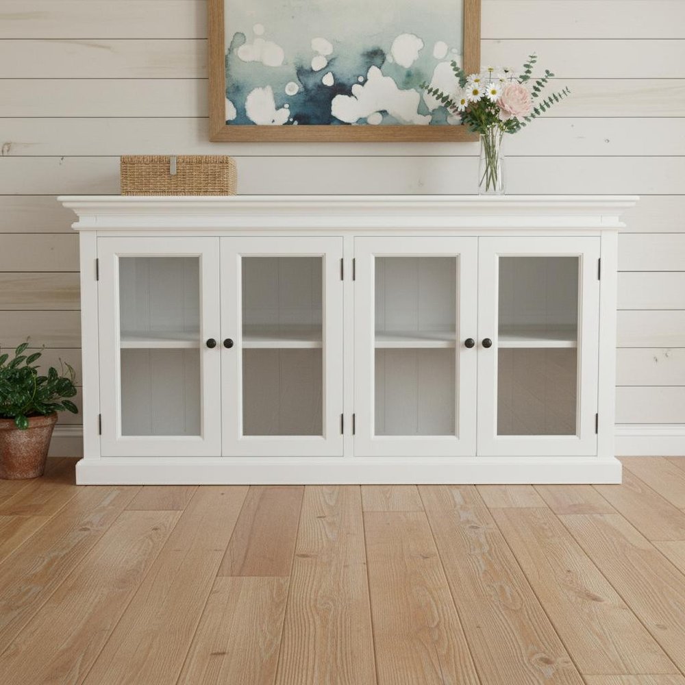64" White Distressed Solid Wood Sideboard with Four Glass Doors