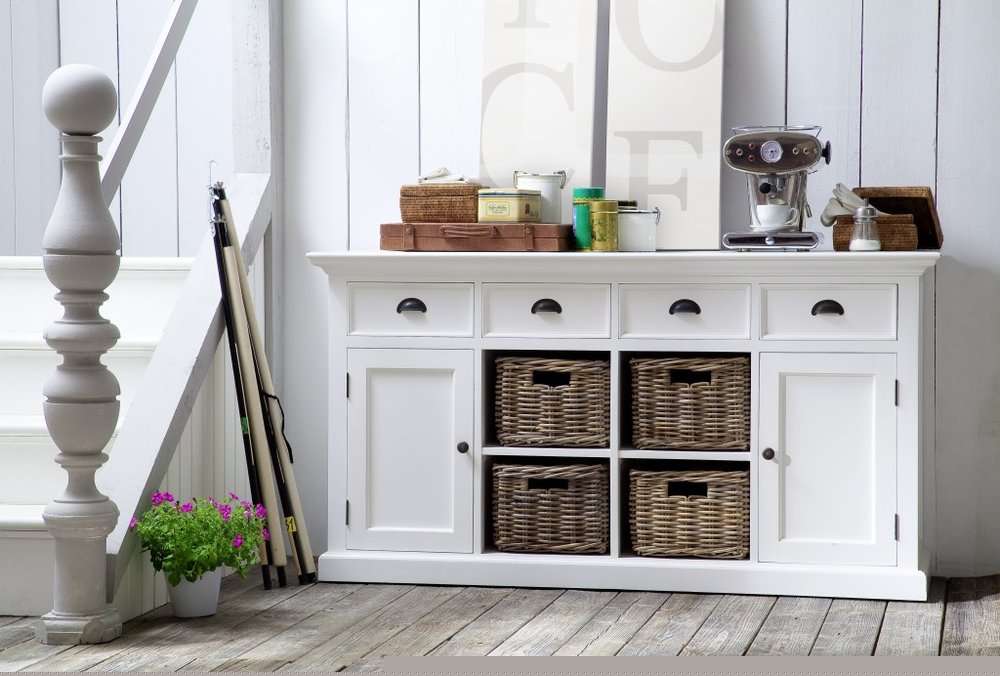 63" White Solid Wood Four Drawer Sideboard with Two Doors