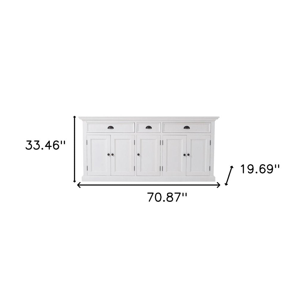 71" White Solid Wood Three Drawer Sideboard with Five Doors