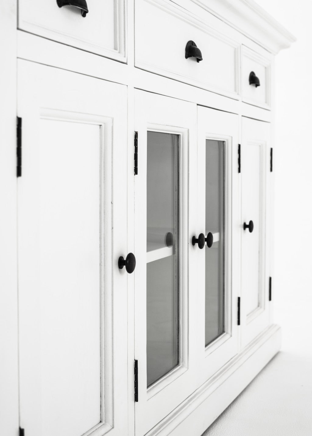 57" White Solid Wood Three Drawer Sideboard with Four Glass Doors
