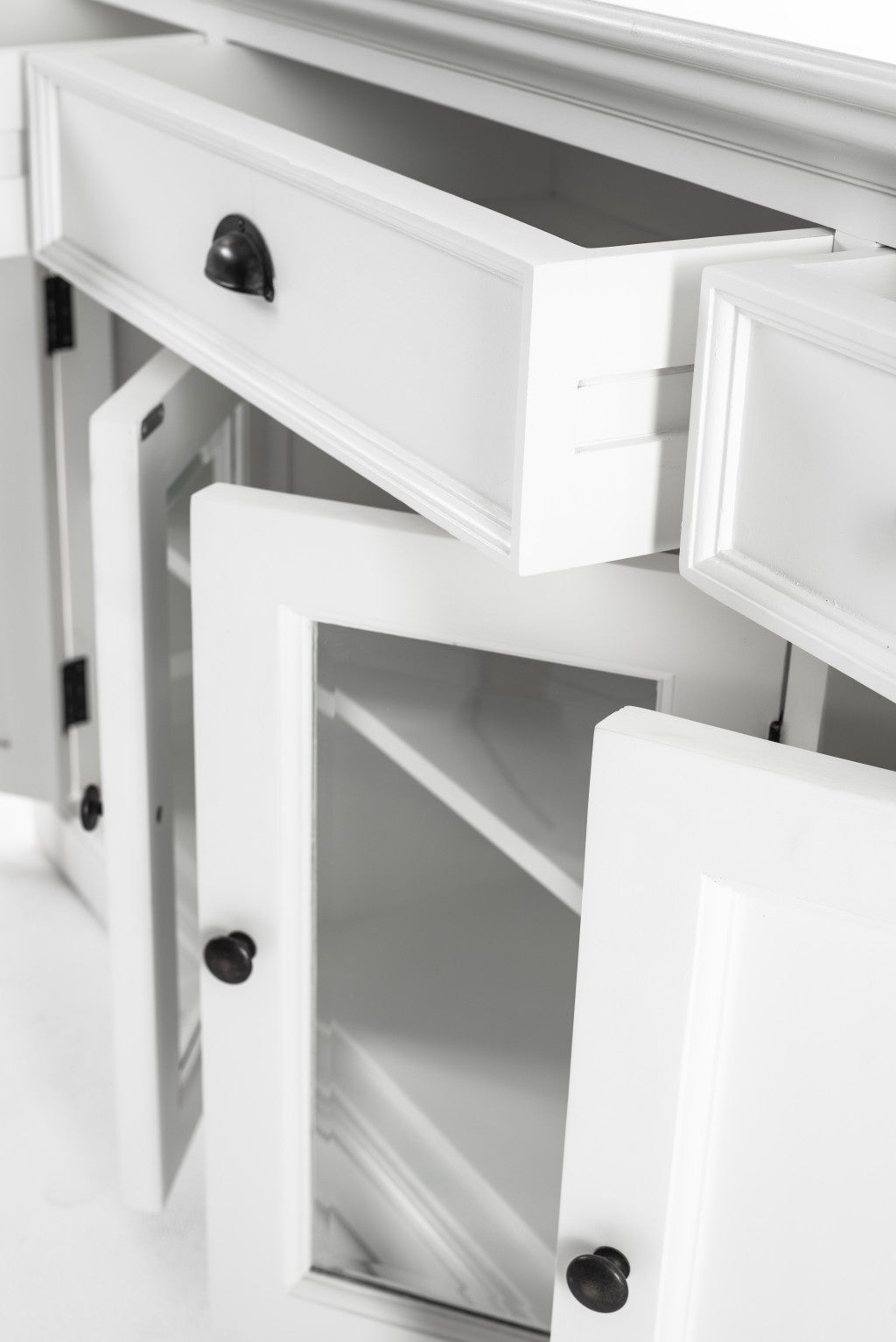 57" White Solid Wood Three Drawer Sideboard with Four Glass Doors