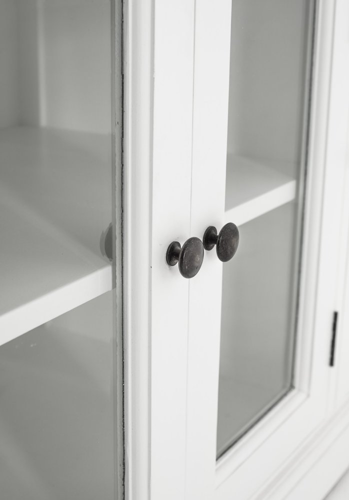 57" White Solid Wood Three Drawer Sideboard with Four Glass Doors