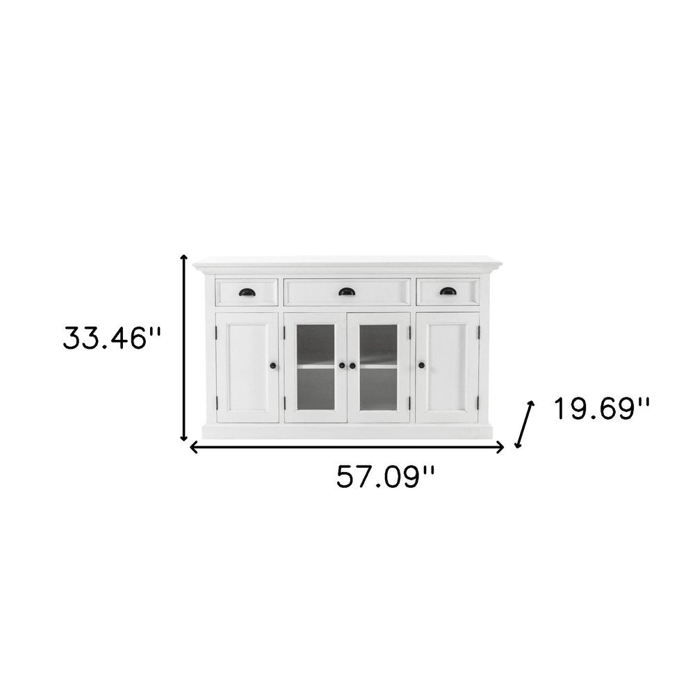 57" White Solid Wood Three Drawer Sideboard with Four Glass Doors