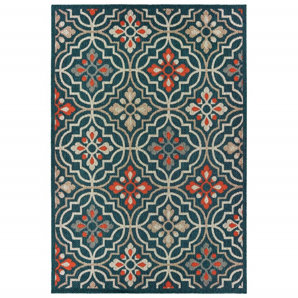 5' X 7' Blue And Orange Moroccan Indoor Outdoor Area Rug