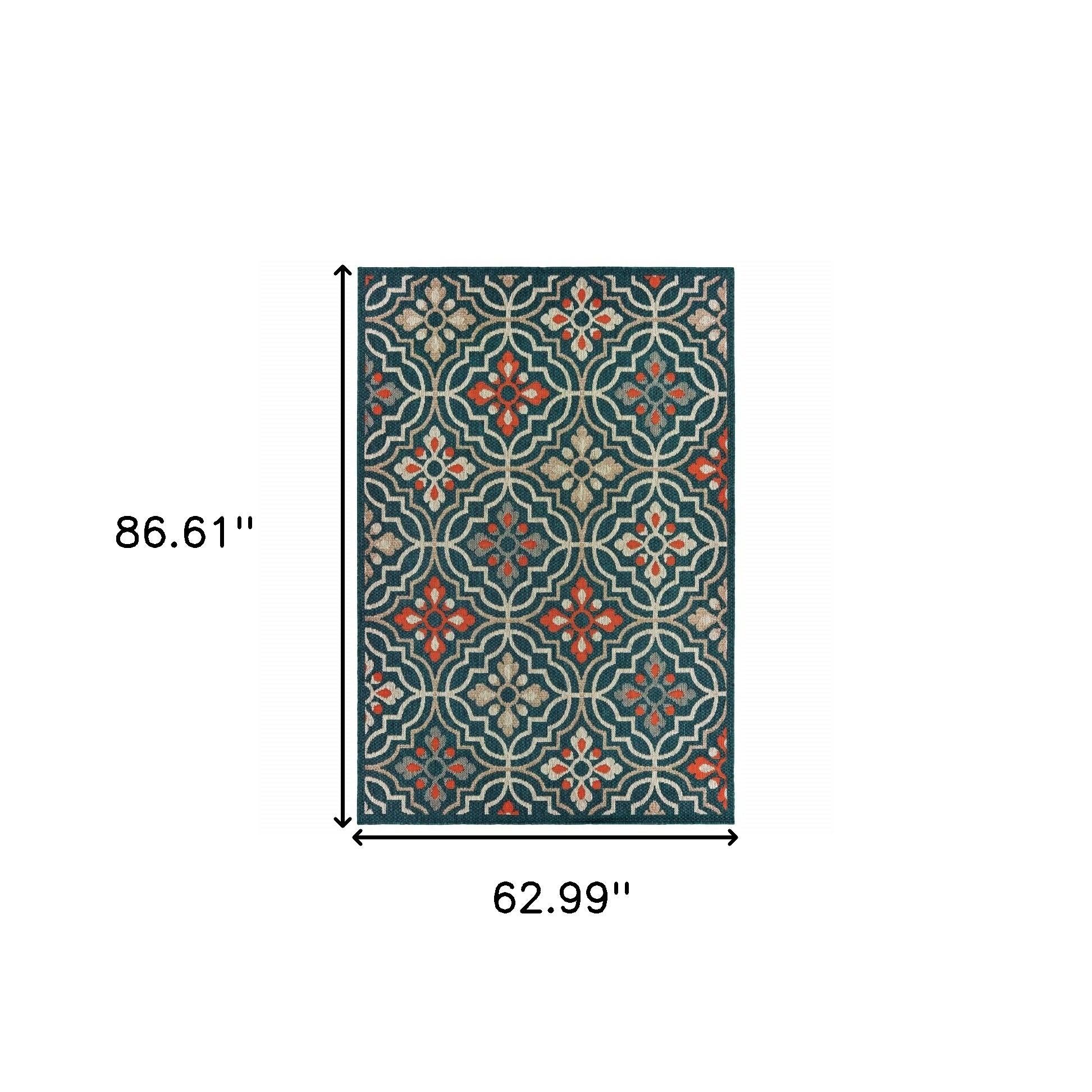 5' X 7' Blue And Orange Moroccan Indoor Outdoor Area Rug