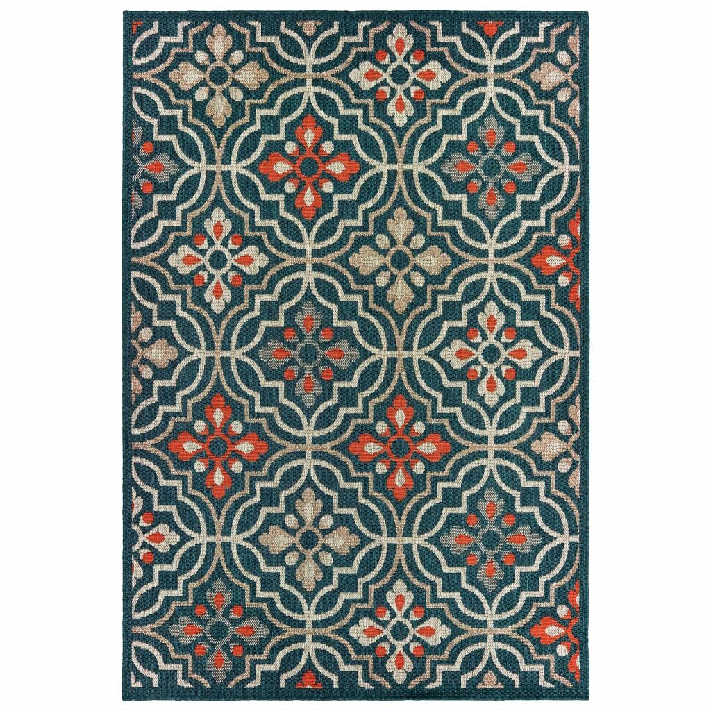 7' X 9' Blue and Orange Moroccan Indoor Outdoor Area Rug